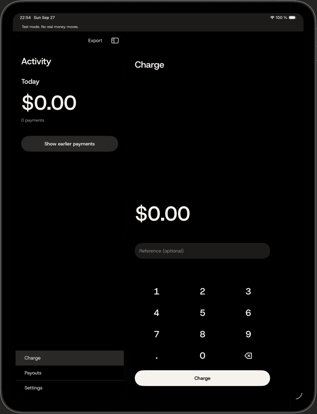 The Charge screen with an amount field and keypad, ready to start a sale.