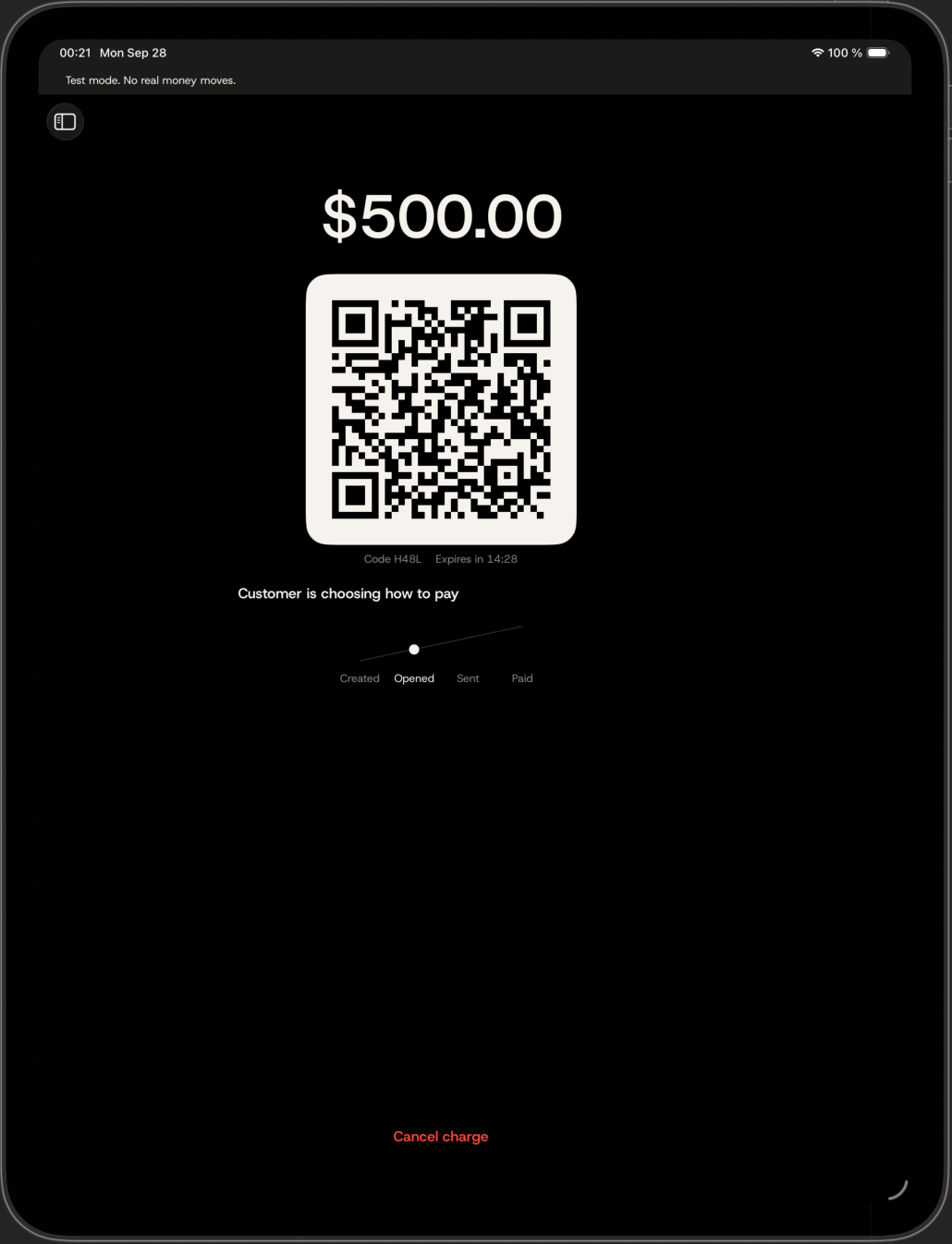 A $500.00 charge. The customer is choosing how to pay. Payment opened.