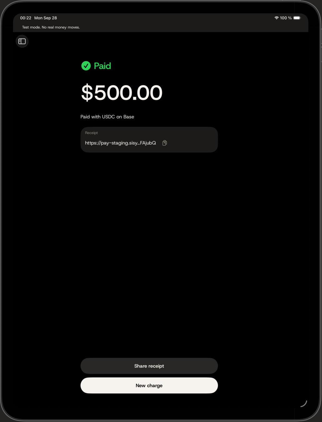 Paid. $500.00. Paid with USDC on Base.