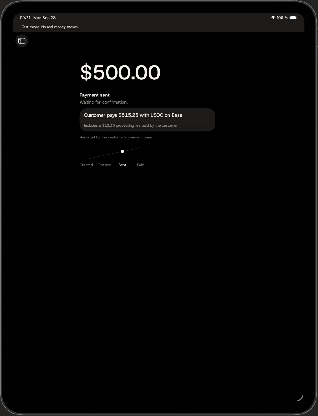 A $500.00 payment sent, waiting for confirmation. The customer pays $515.25 with USDC on Base, including a $15.25 processing fee paid by the customer.
